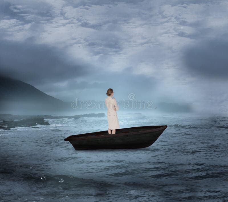 Image composée de femme d'affaires de pensée dans un voilier sur l'eau libre