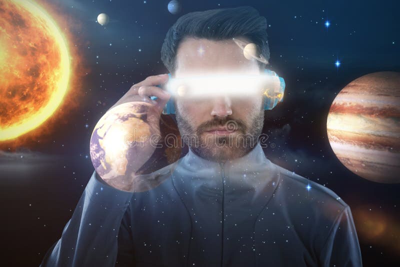 Image composée de jeune mâle utilisant le casque 3d de réalité virtuelle photographie stock