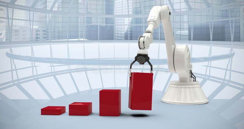 Image composée de l'image composée du robot arrangeant les blocs rouges de jouet dans le ghaph 3d de barre images stock