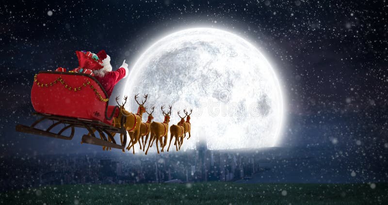 Image composée de l'équitation du père noël sur le traîneau avec le boîte-cadeau photographie stock libre de droits