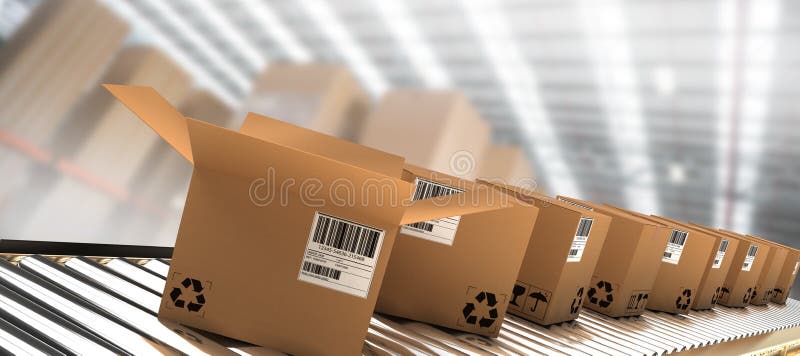 Image composée de la rangée des boîtes brunes sur la bande de conveyeur