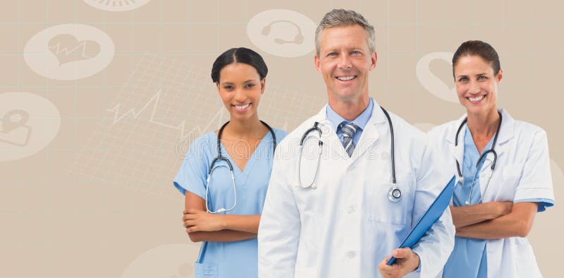 Image composée de portrait du docteur masculin avec les personnels féminins photos stock Image composée de portrait du docteur masculin avec les personnels féminins photos stock