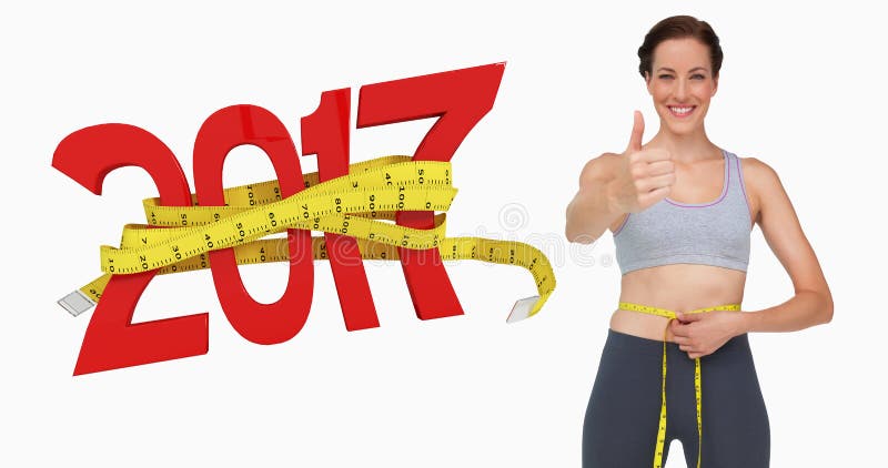 Image composée de taille de mesure de femme d'ajustement tout en faisant des gestes des pouces photo stock