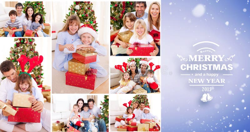 Image composée du collage des familles célébrant Noël ensemble à la maison images libres de droits Image composée du collage des familles célébrant Noël ensemble à la maison images libres de droits