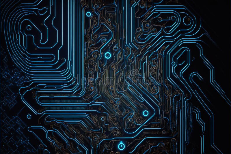 Image of computer circuit board and blue light trails on dark background vector illustration