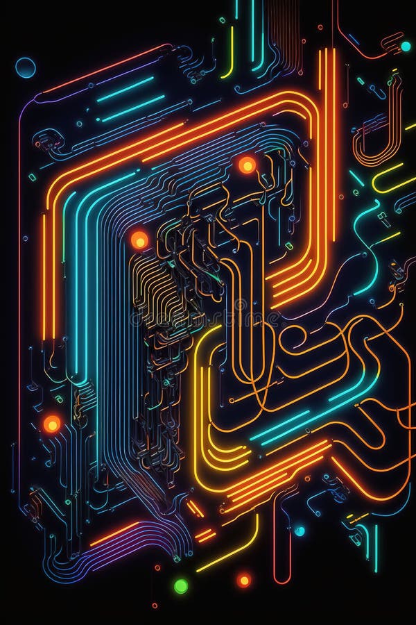 Image of computer circuit board and blue orange light trails on dark background vector illustration