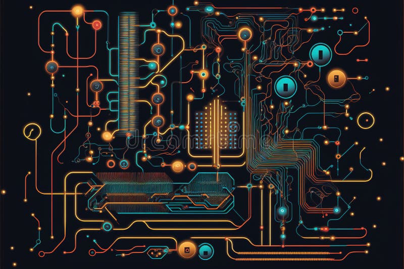 Image of computer circuit board and colourful light trails on dark background vector illustration