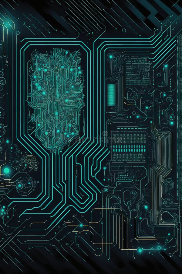 Image of computer circuit board and green light trails on dark background stock illustration