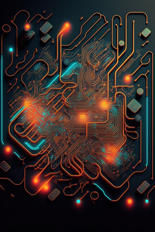 Image of computer circuit board and orange light trails on dark background royalty free illustration