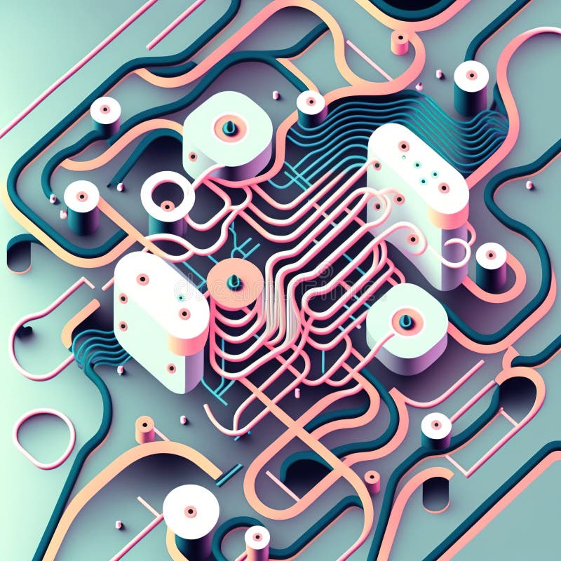Image of computer circuit board and pink blue light trails on light green background royalty free illustration