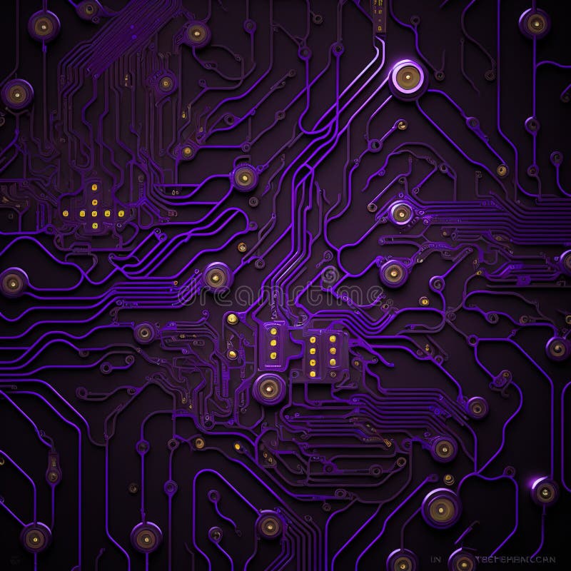 Image of computer circuit board and purple light trails on dark background stock illustration