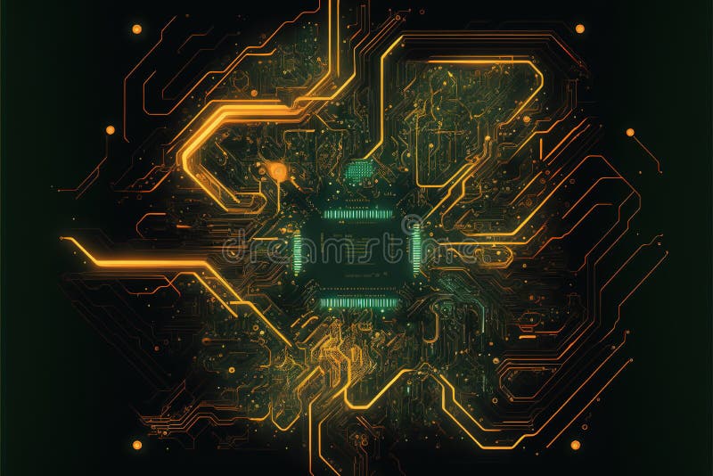 Image of computer circuit board and yellow light trails on dark background stock illustration