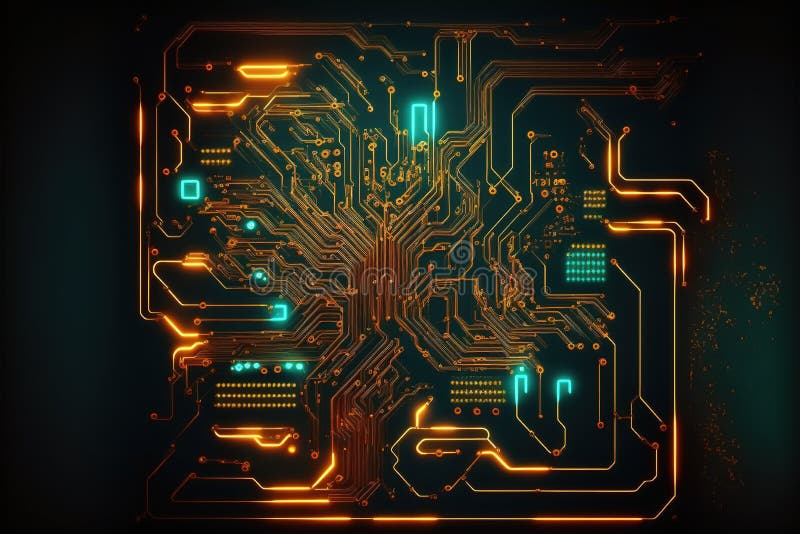 Image of computer circuit board and yellow light trails on dark background royalty free illustration