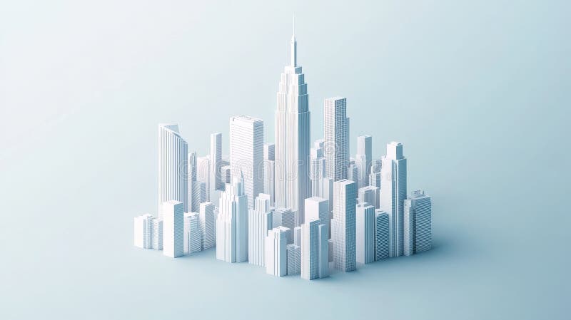 This image is a computer-generated 3D representation of a contemporary, spotless white city set against a white backdrop stock image