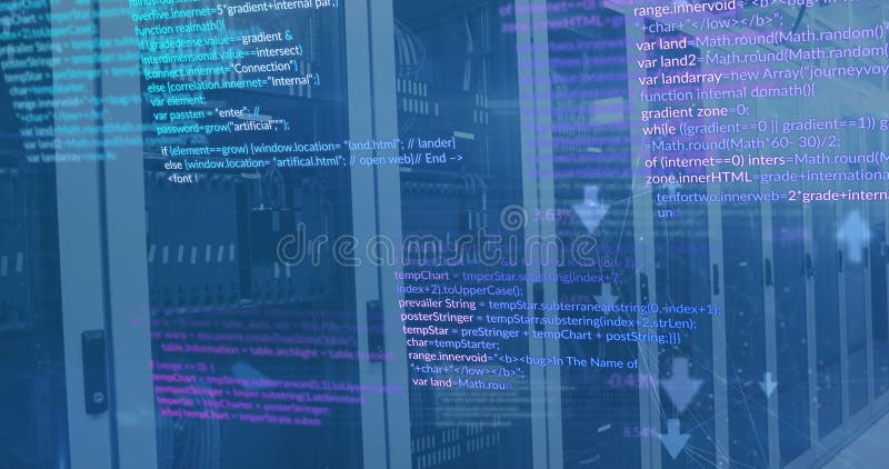 Image of computer language and connected icons over data server racks in server room stock illustration
