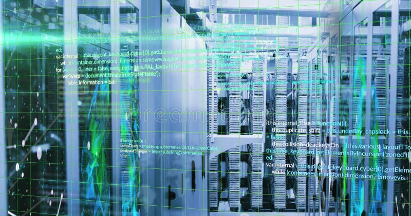 Image of computer language over connected dots and globe over data server systems stock illustration