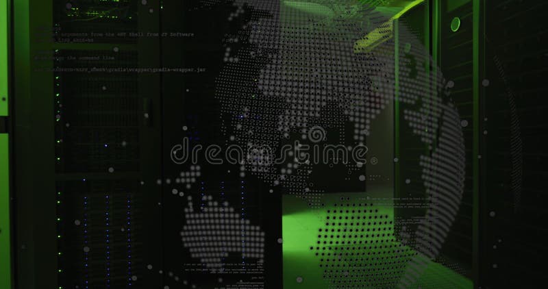 Image of computer programming language and globe over illuminated server room royalty free stock photography