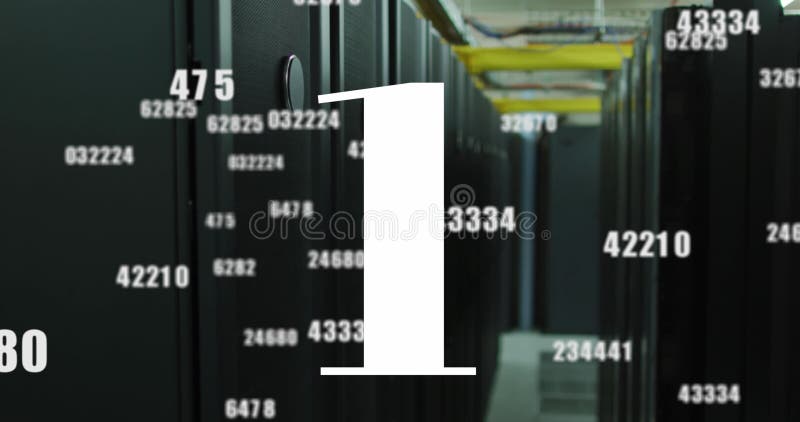 Image of countdown over multiple changing numbers against computer server room. Computer interface and business data storage technology concept