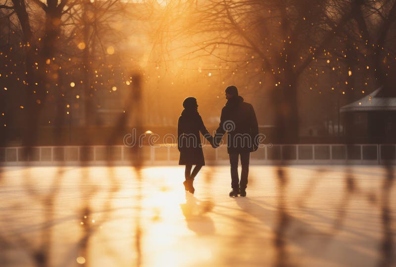 Image of a Couple Ice Skating Holding Hands in Love on a Winter Evening