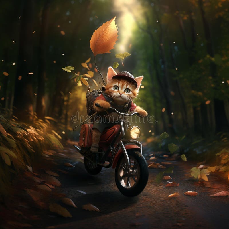 Image created from AI, Cute pictures of pets such as Kitten, squirrel, rat riding a bicycle, cartoon image