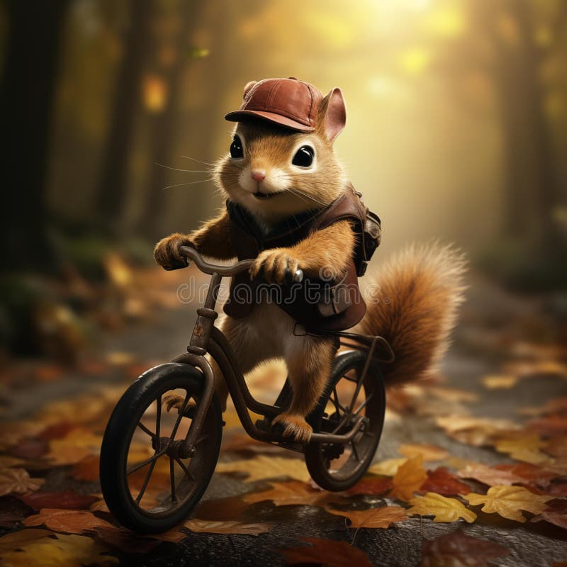 Image created from AI, Cute pictures of pets such as Kitten, squirrel, rat riding a bicycle, cartoon image