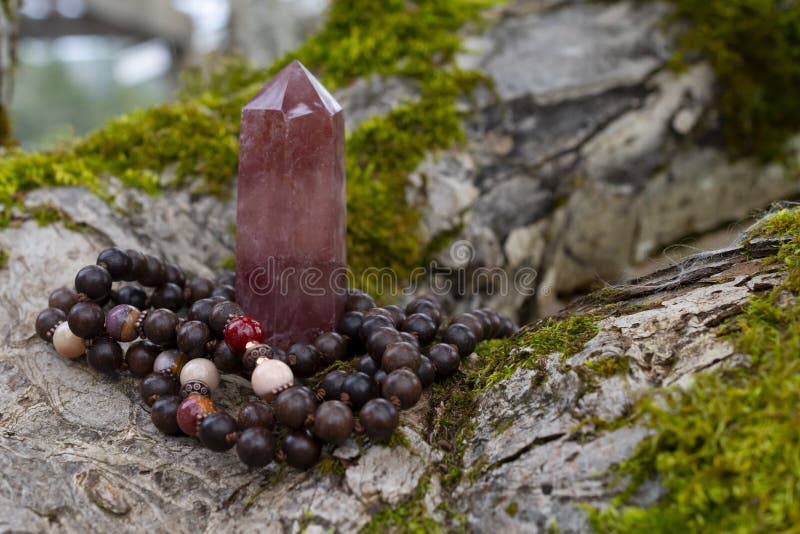 Crystal Healing Tower and Wooden Mala Beads Stock Photo Image of life
