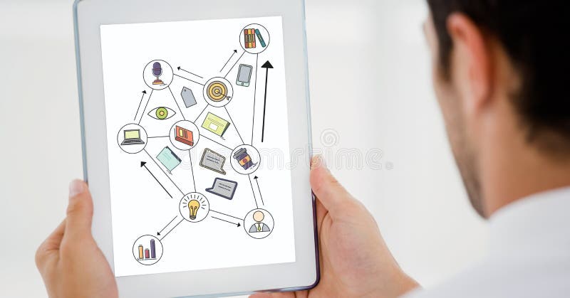 Image cultivée d'homme d'affaires utilisant le comprimé numérique avec de diverses icônes sur l'écran de dispositif illustration libre de droits Image cultivée d'homme d'affaires utilisant le comprimé numérique avec de diverses icônes sur l'écran de dispositif illustration libre de droits