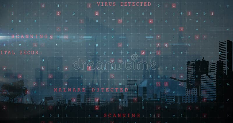 Image of cyber attack warning over cityscape on blue background royalty free illustration