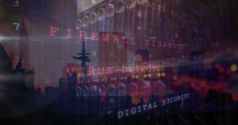 Image of cyber attack warning over cityscape and server room vector illustration