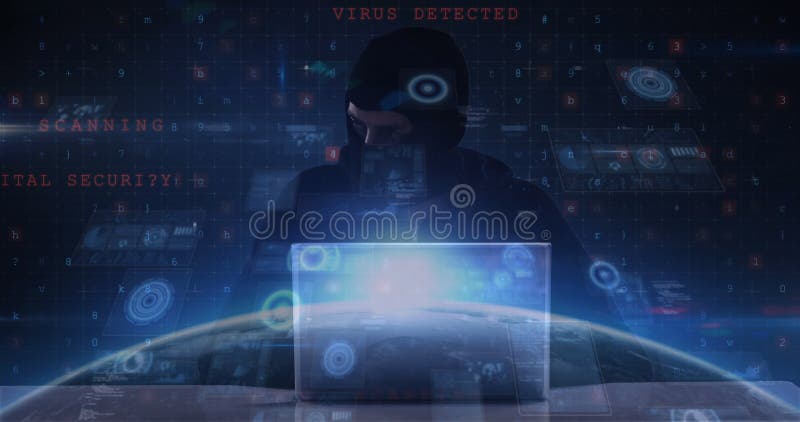 Image of cyber attack warning over scopes scanning and hacker stock photography