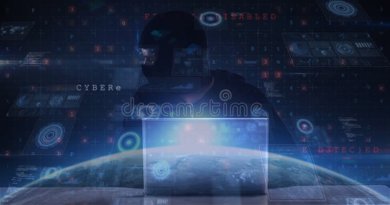 Image of cyber attack warning over scopes scanning and hacker royalty free stock image
