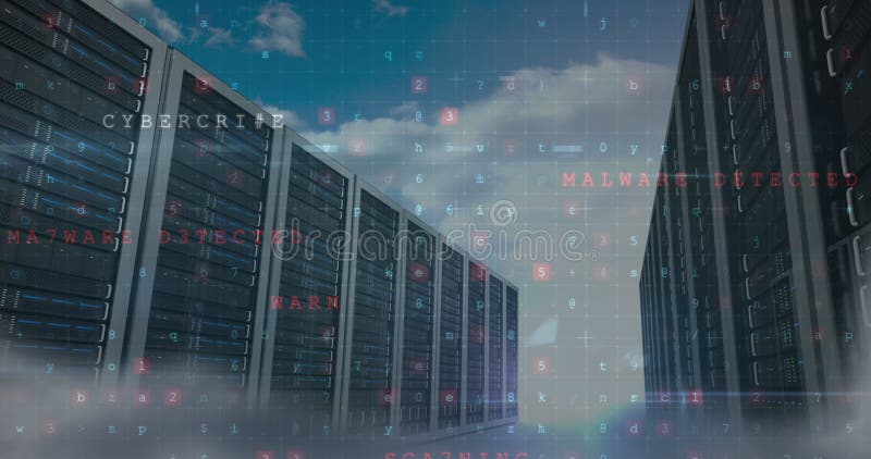 Image of cyber attack warning over sky and server room vector illustration