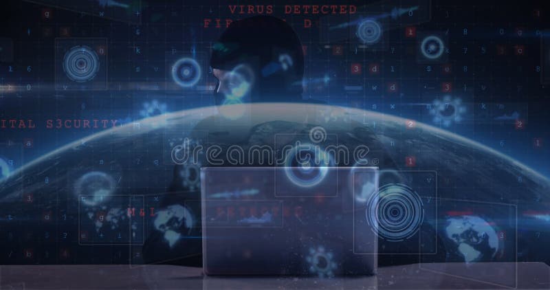Image of cyber attack warning and scopes scanning over hacker using laptop royalty free stock photo