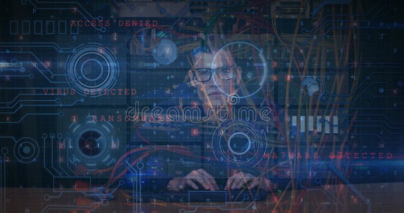 Image of cyber attack warning text and data processing over male hacker royalty free stock photography