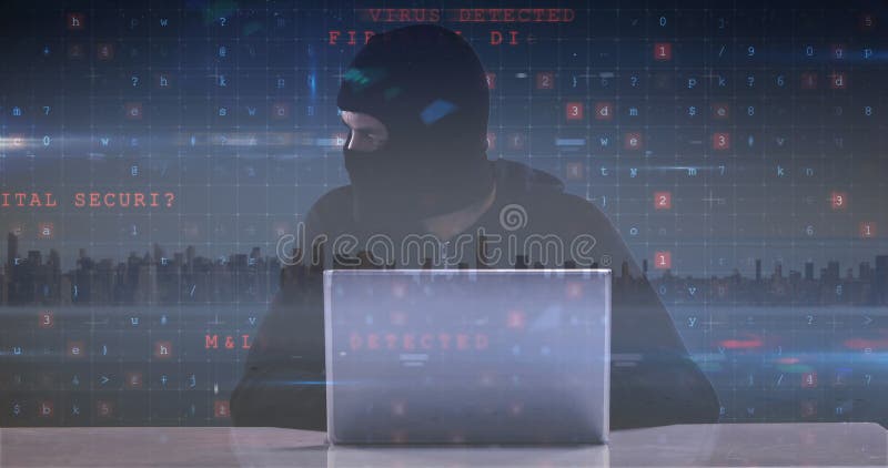 Image of cyber crime text over hacker in balaclava vector illustration