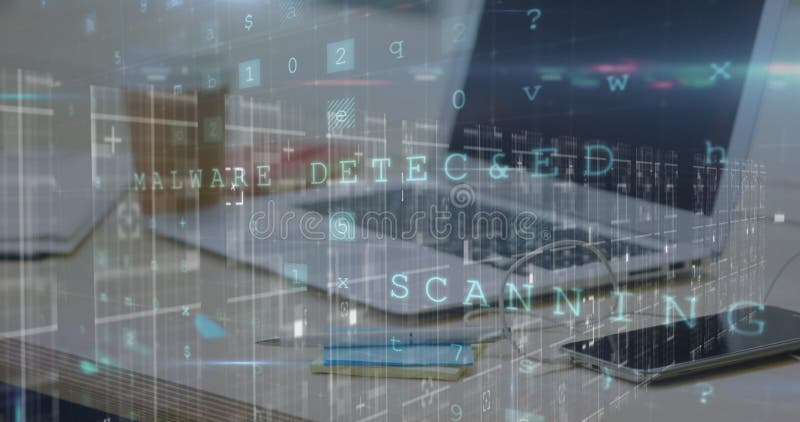 Image of cyber crime warning over laptop stock illustration