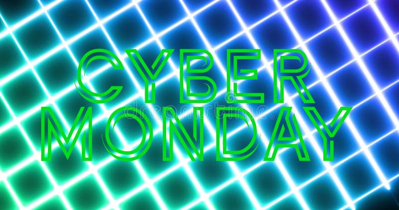 Image of cyber monday neon green text on neon glowing mesh background stock illustration