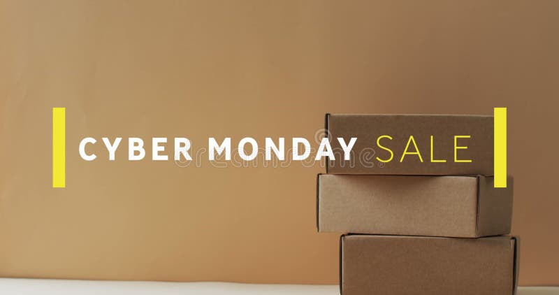 Image of cyber monday sale text over gift boxes stock photo