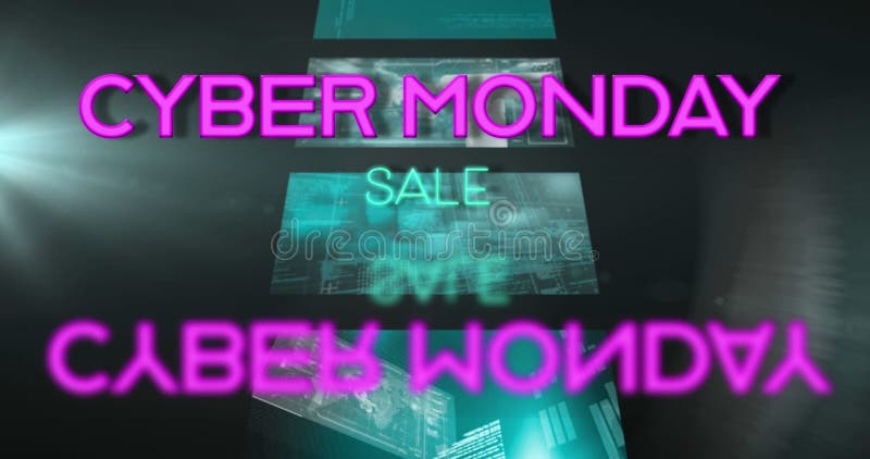 Image of cyber monday sale text over screens with data processing stock illustration