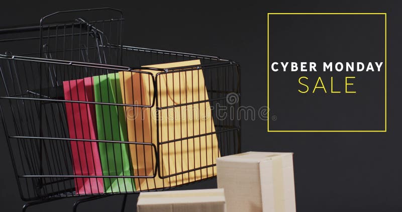 Image of cyber monday sale text over shopping trolley stock photography
