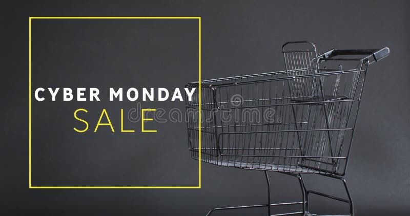 Image of cyber monday sale text over shopping trolley stock images