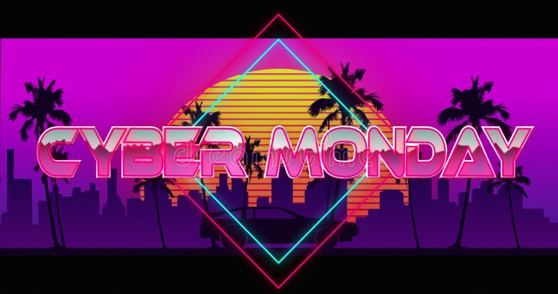 Image of cyber monday text over a car riding on digital sunset vector illustration
