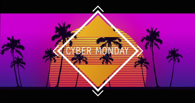 Image of cyber monday text over a digital sunset vector illustration
