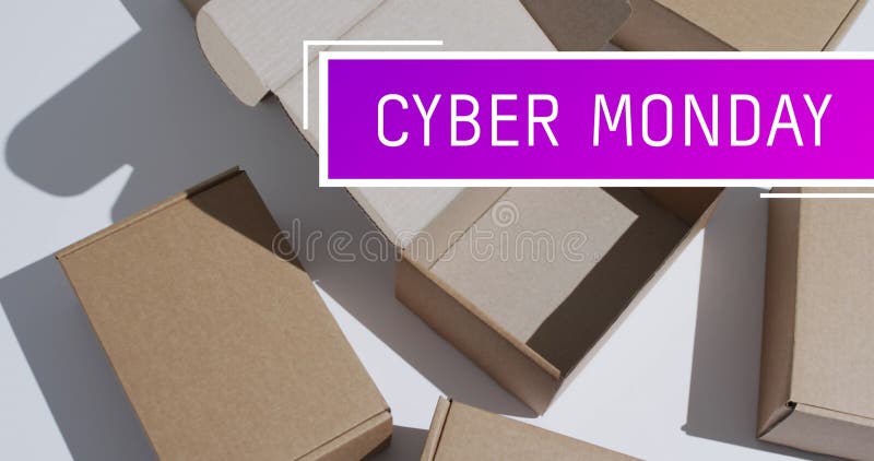 Image of cyber monday text over gift boxes royalty free stock photography