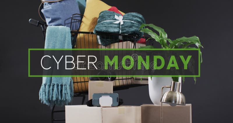 Image of cyber monday text over gift boxes in shopping trolley stock photo