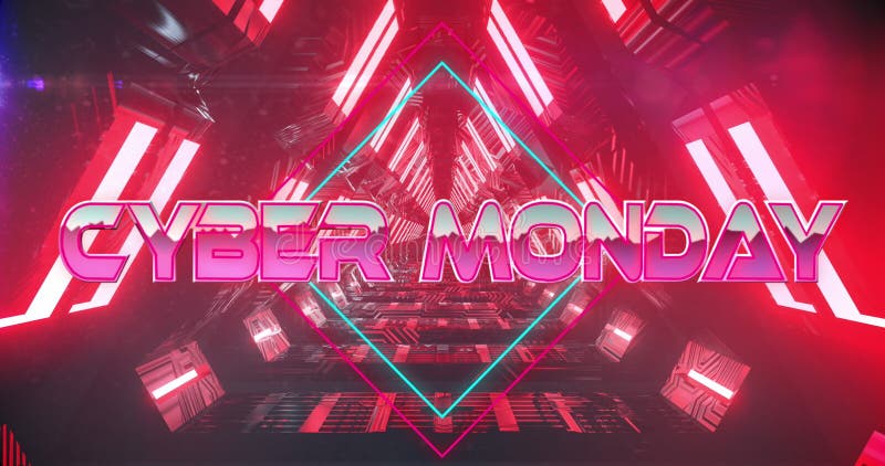 Image of cyber monday text over neon tunnel vector illustration