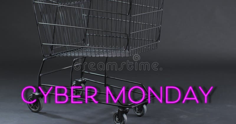 Image of cyber monday text over shopping trolley royalty free stock images