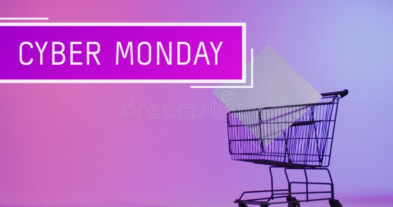 Image of cyber monday text over shopping trolley stock photos