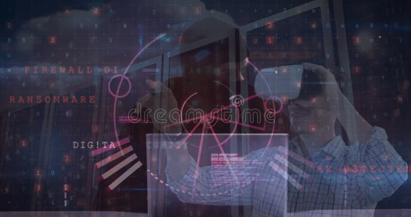 Image of cyber security data processing over male hacker and caucasian man wearing vr headset stock image