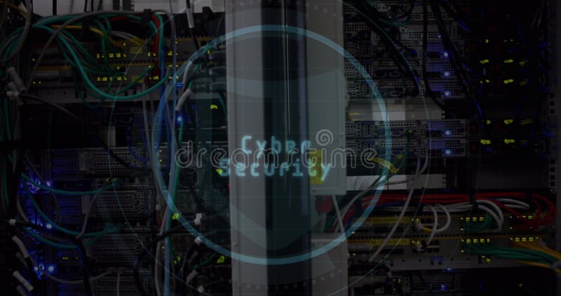 Image of cyber security and eye scanning in circle over servers royalty free stock photography